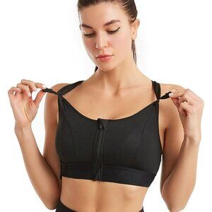 Adjustable Black Sports Bra With Front Zipper & Crisscross Back With Pad Size S
